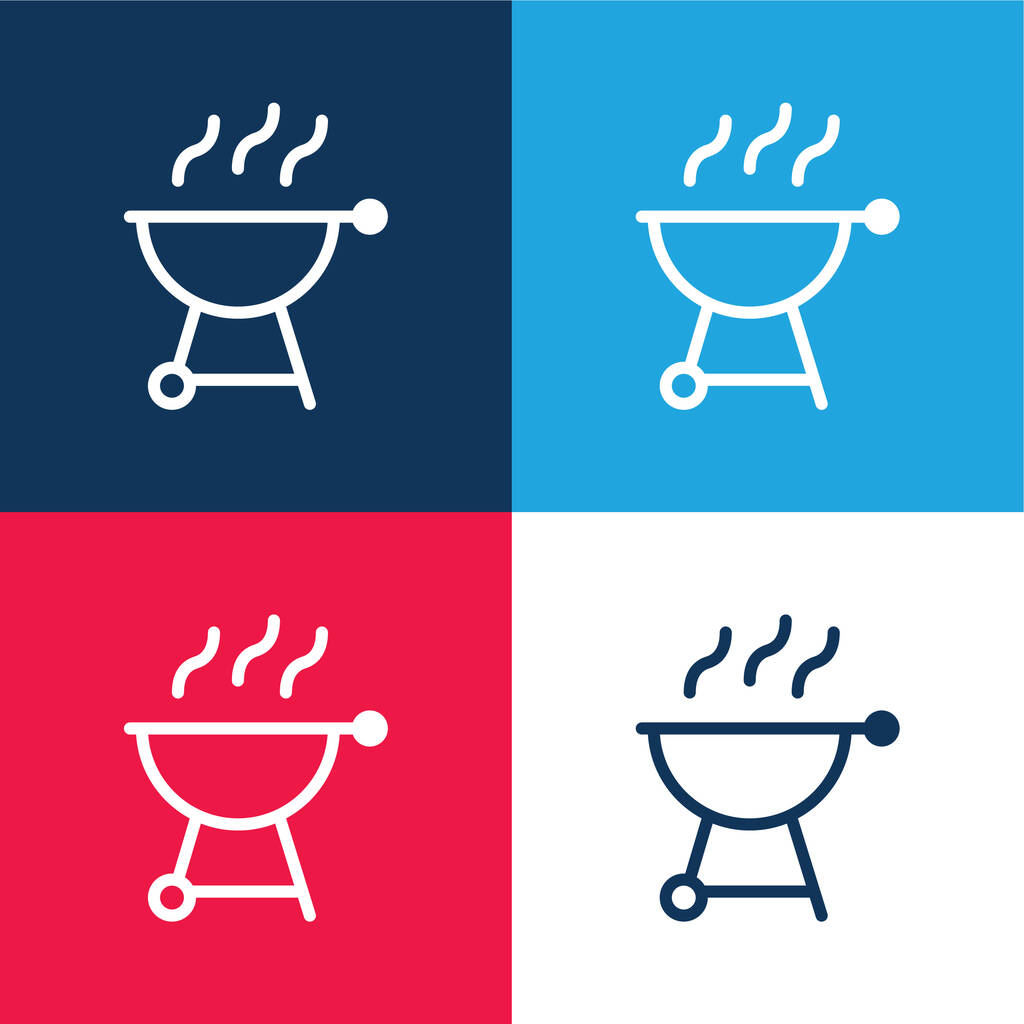 BBQ Grill blauw en rood vier kleuren minimale pictogram set - Vector, afbeelding