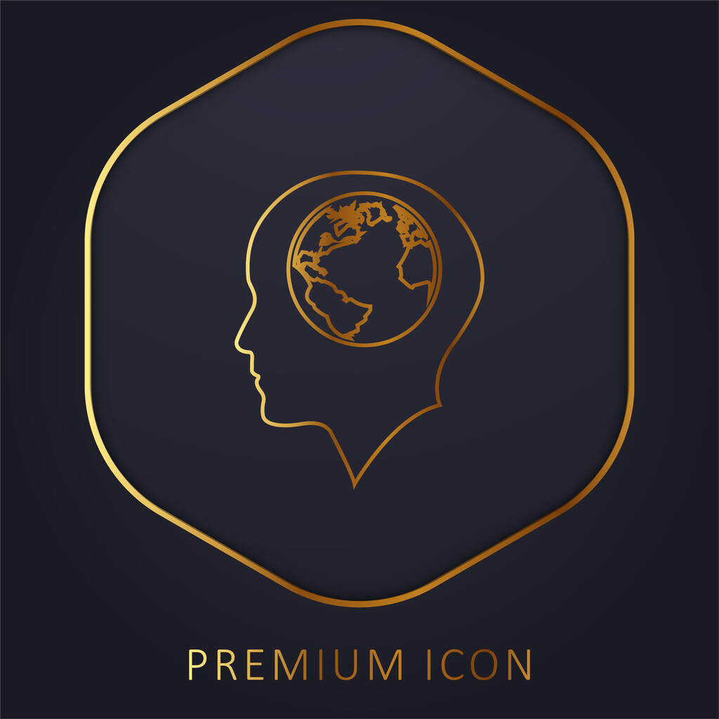 Cabeza calva masculina con globo de tierra dentro de la línea dorada logotipo premium o icono - Vector, Imagen