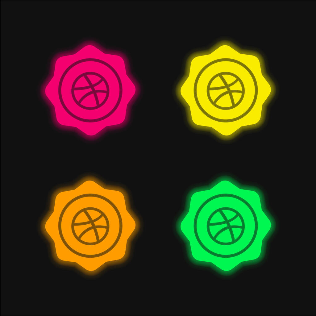 Kosárlabda jelvény négy színű izzó neon vektor ikon - Vektor, kép