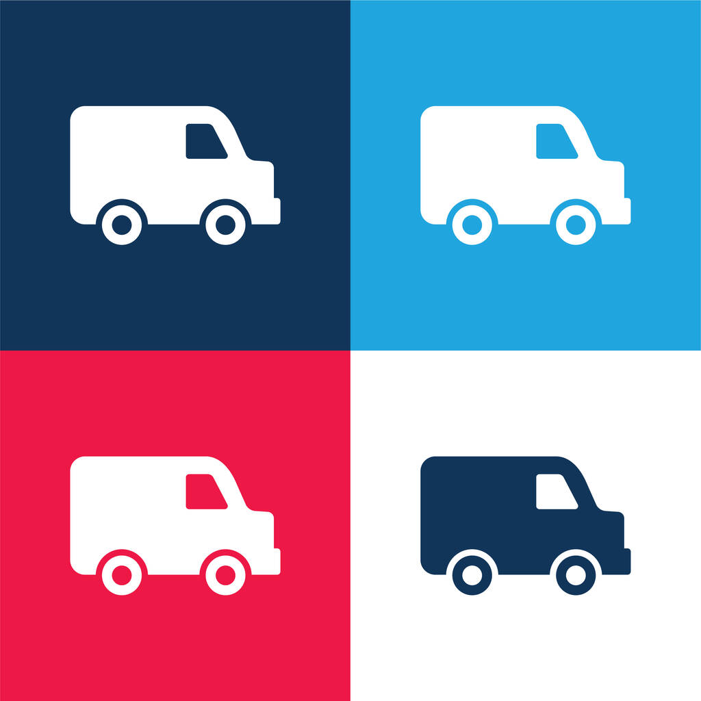 Zwarte Levering Kleine Truck Side View blauw en rood vier kleuren minimale pictogram set - Vector, afbeelding