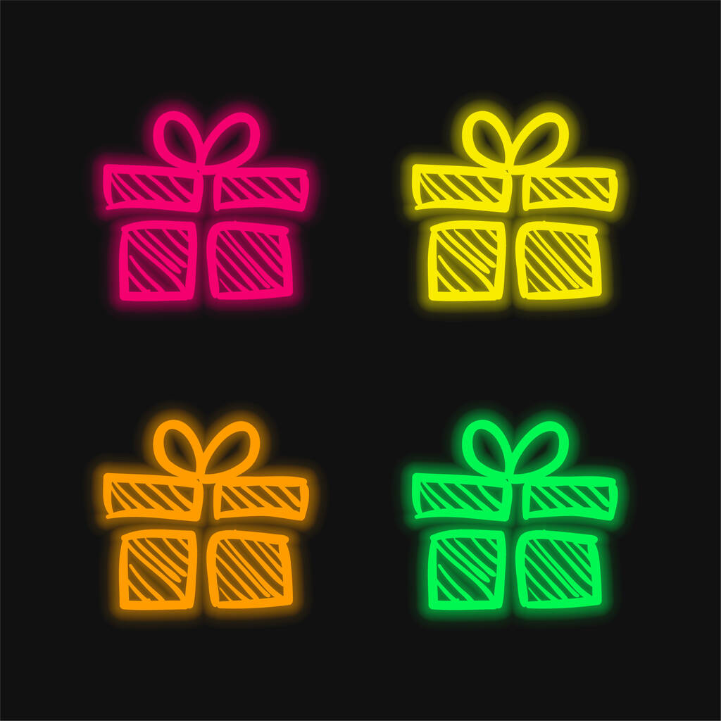 Doğum günü hediyesi çizimi: Parlayan dört renk neon vektör simgesi - Vektör, Görsel