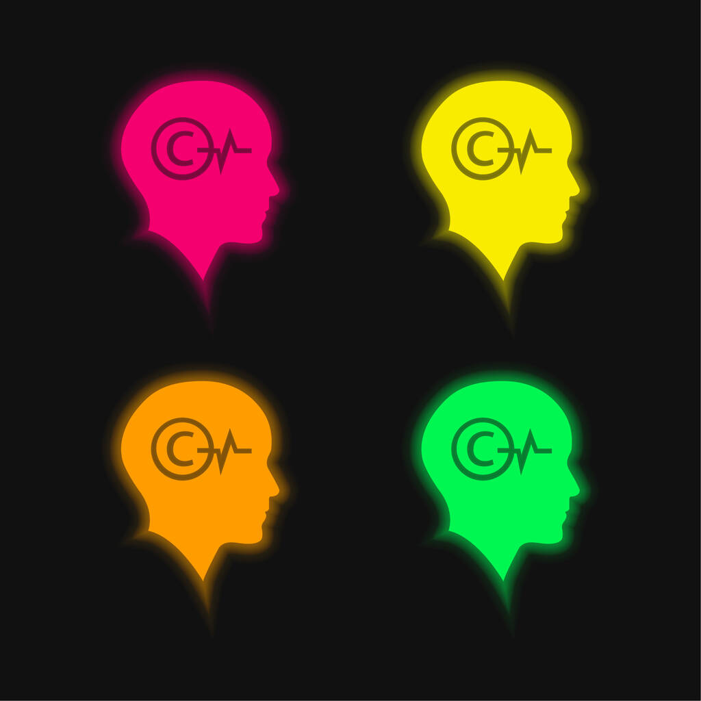 Cabeça careca com símbolo de direitos autorais e Lifeline Dentro de quatro cores brilhante ícone de vetor de néon - Vetor, Imagem