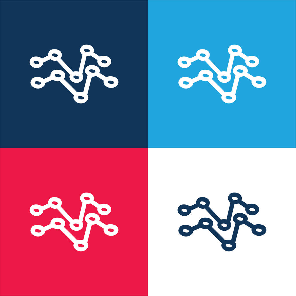 Linhas desenhadas à mão analítica conjunto de ícones mínimos de quatro cores azul e vermelho - Vetor, Imagem