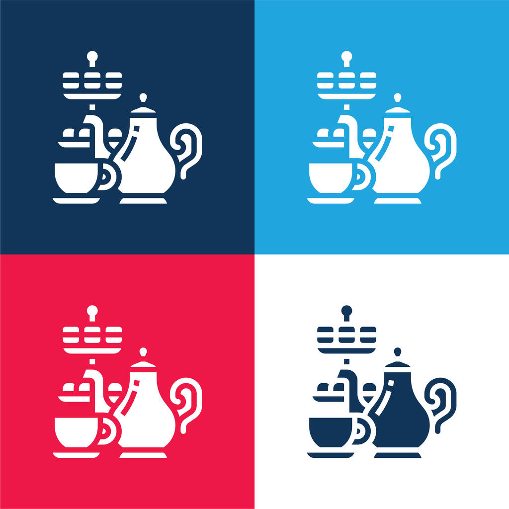 Дневной чай синий и красный четыре цвета минимальный набор значок - Вектор,изображение