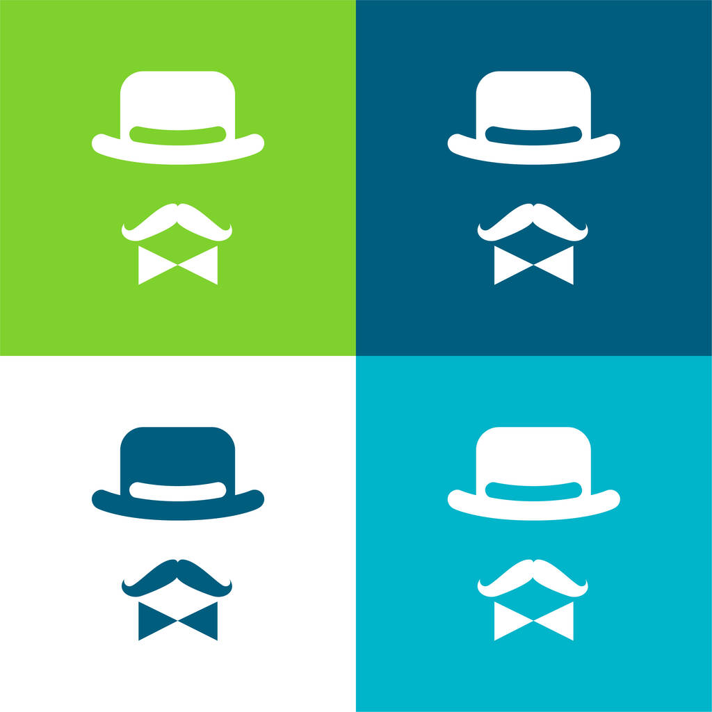 Starožitný Muž Charakter klobouku a luk a knír Flat čtyři barvy minimální ikona sada - Vektor, obrázek