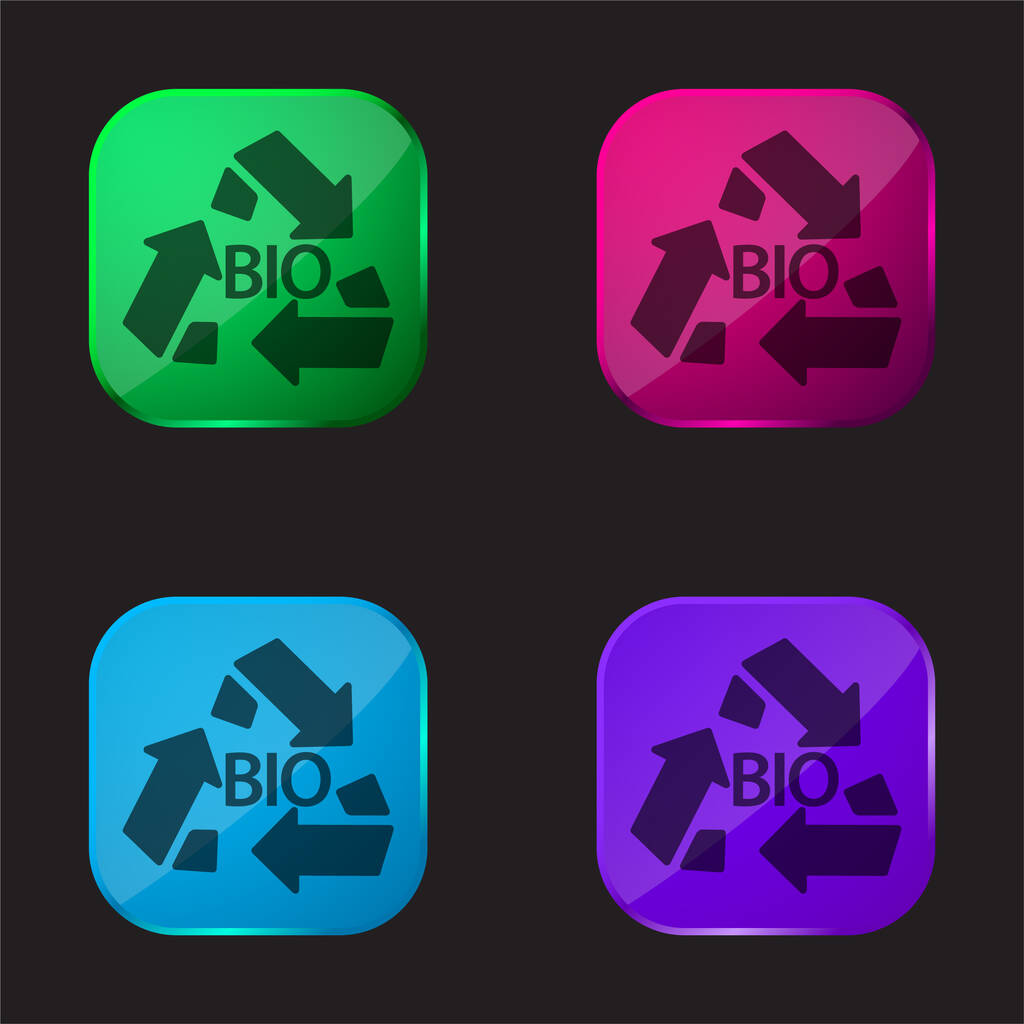 Βιολογική μάζα Ανακυκλώστε το σύμβολο τεσσάρων χρωμάτων γυαλί εικονίδιο κουμπί - Διάνυσμα, εικόνα