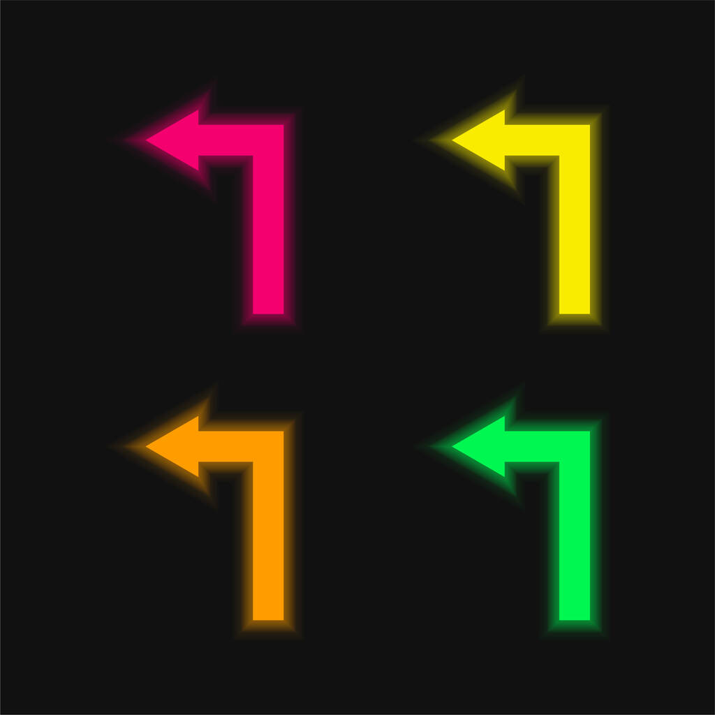 Pijl rechte hoek draaien naar links vier kleuren gloeiende neon vector pictogram - Vector, afbeelding