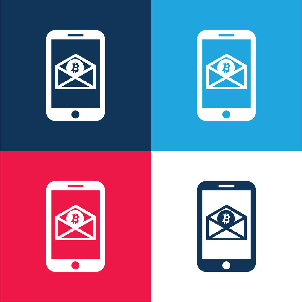 Bitcoin Email Por teléfono móvil azul y rojo de cuatro colores mínimo icono conjunto - Vector, Imagen