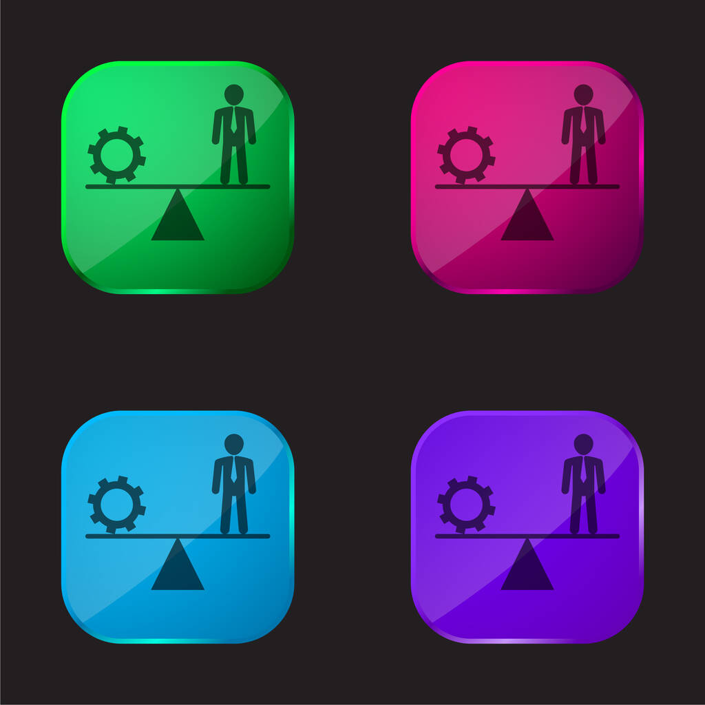 コグホイールとビジネスマンの間のバランス4色のガラスボタンのアイコン - ベクター画像