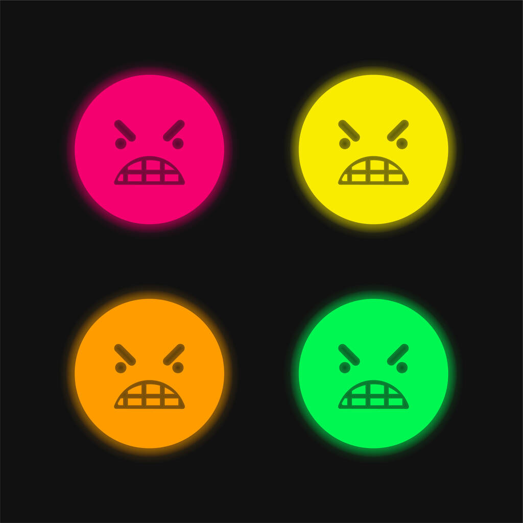 Anger Emoticon Square Face four color glowing neon vector icon - Vector, Image