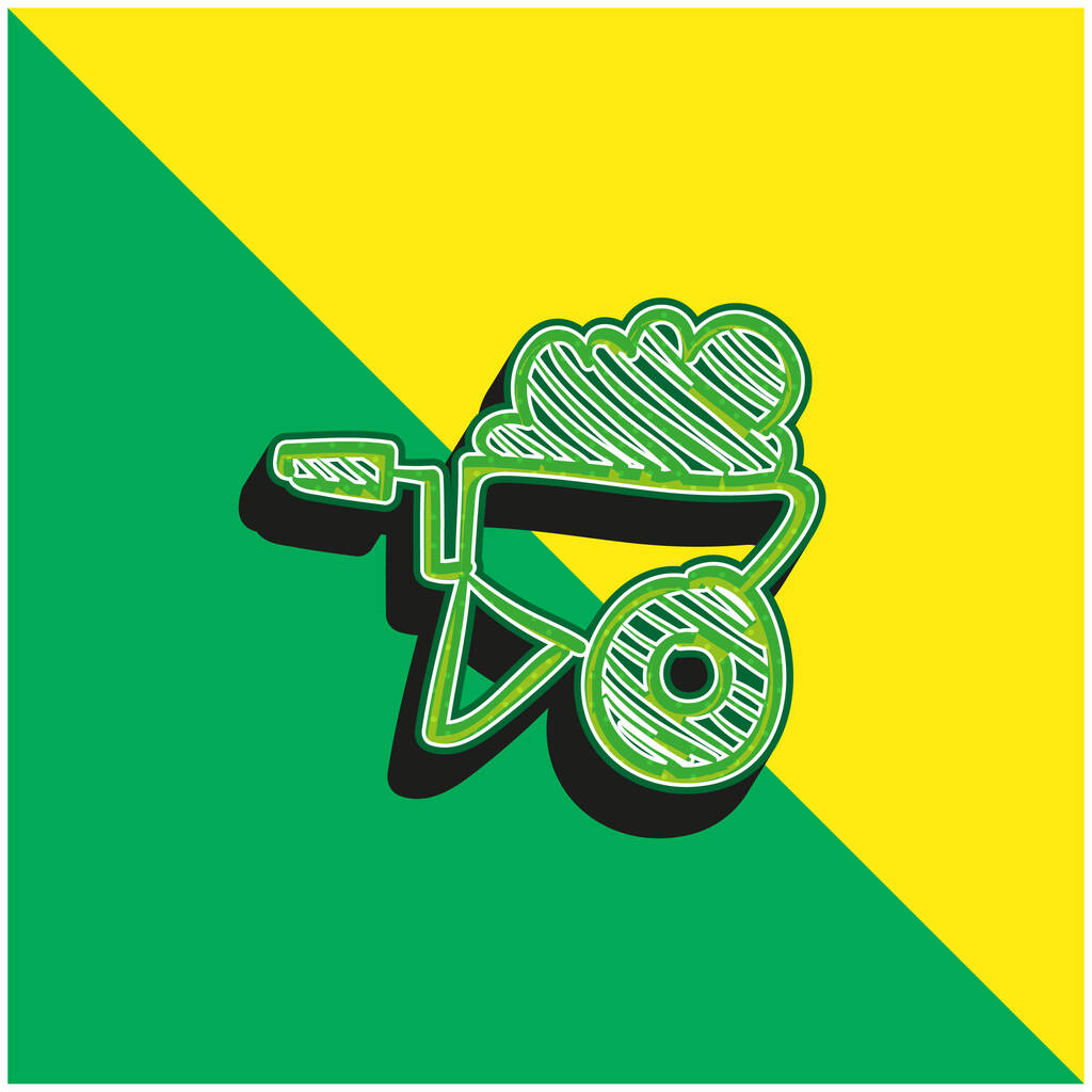 Barrow plein de matériaux de construction Outil dessiné à la main Logo d'icône vectorielle 3D moderne vert et jaune - Vecteur, image