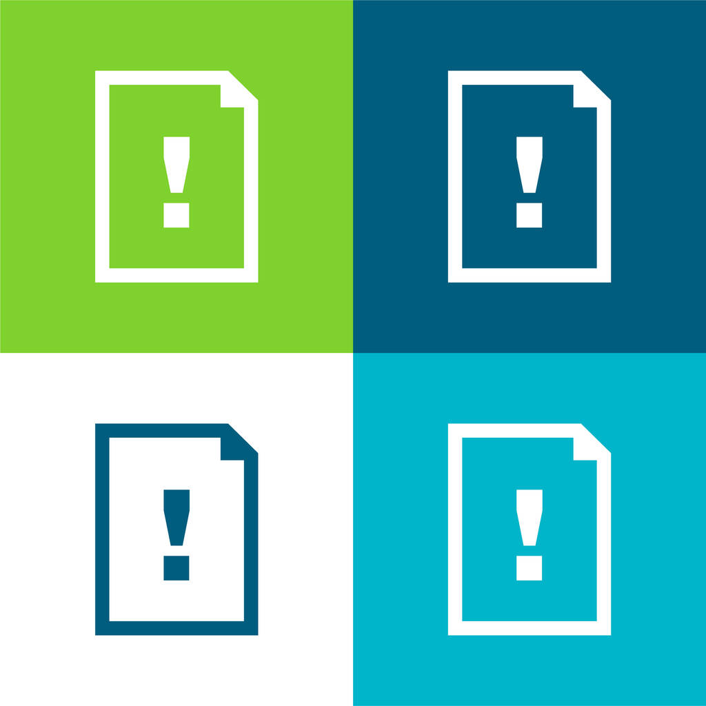 Vitatható dokumentum szimbóluma egy papír lap felkiáltójellel Lapos négy szín minimális ikon készlet - Vektor, kép