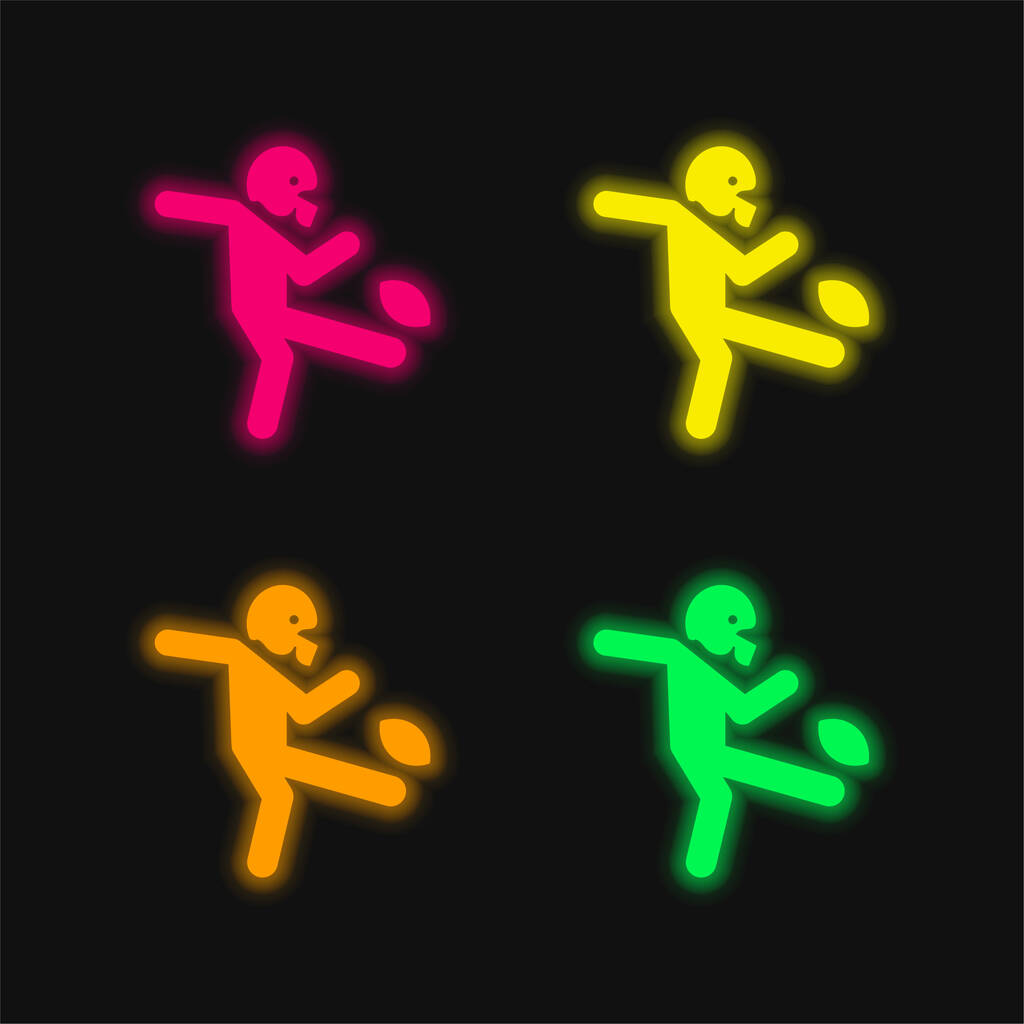 Amerikkalainen jalkapalloilija potkiminen pallo neljä väriä hehkuva neon vektori kuvake - Vektori, kuva