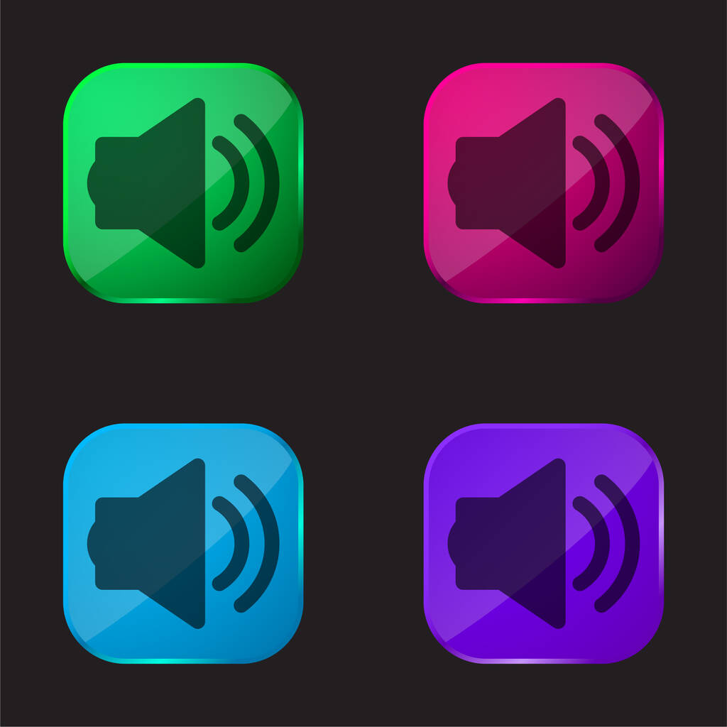 Nagy hangszóró két hanghullámok négy színű üveg gomb ikon - Vektor, kép