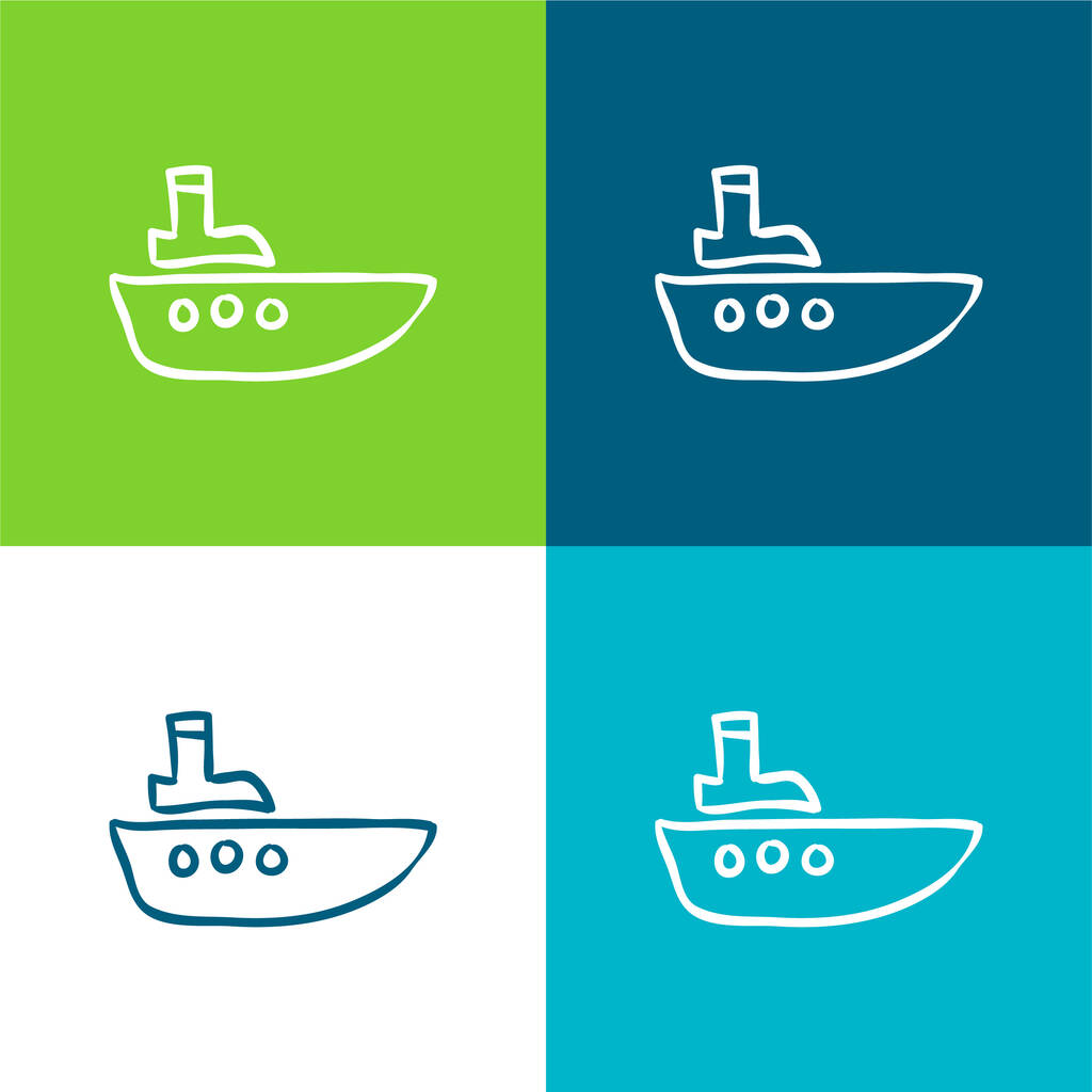 Barco dibujado a mano esquema plano de cuatro colores mínimo icono conjunto - Vector, Imagen