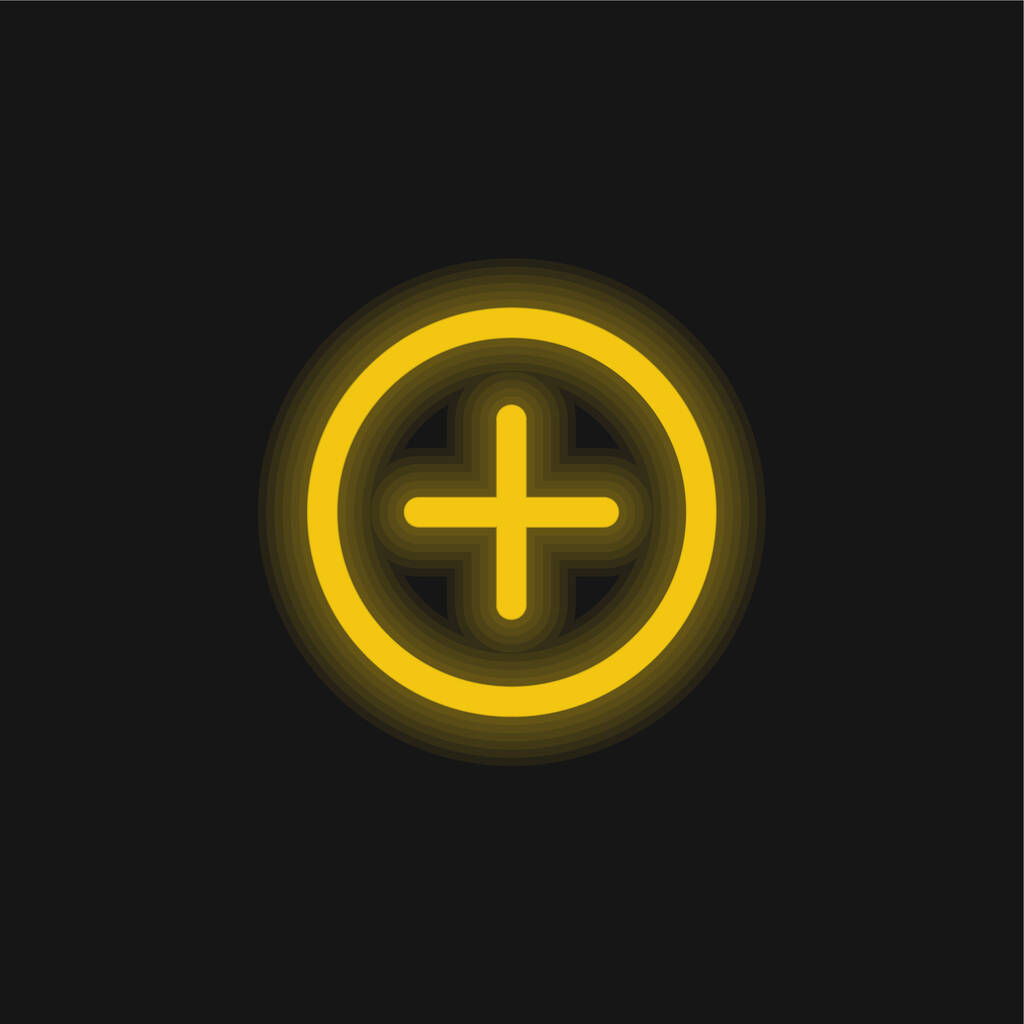 Añadir Interfaz circular botón amarillo brillante icono de neón - Vector, imagen