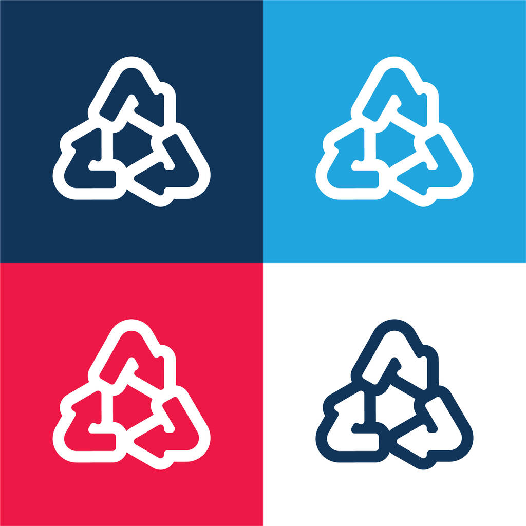 Flechas Reciclaje Triángulo Esquema azul y rojo conjunto de iconos mínimo de cuatro colores - Vector, imagen