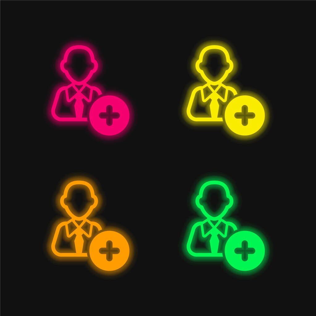 Benutzer mit Krawatte vier Farben leuchtende Neon-Vektorsymbol hinzufügen - Vektor, Bild