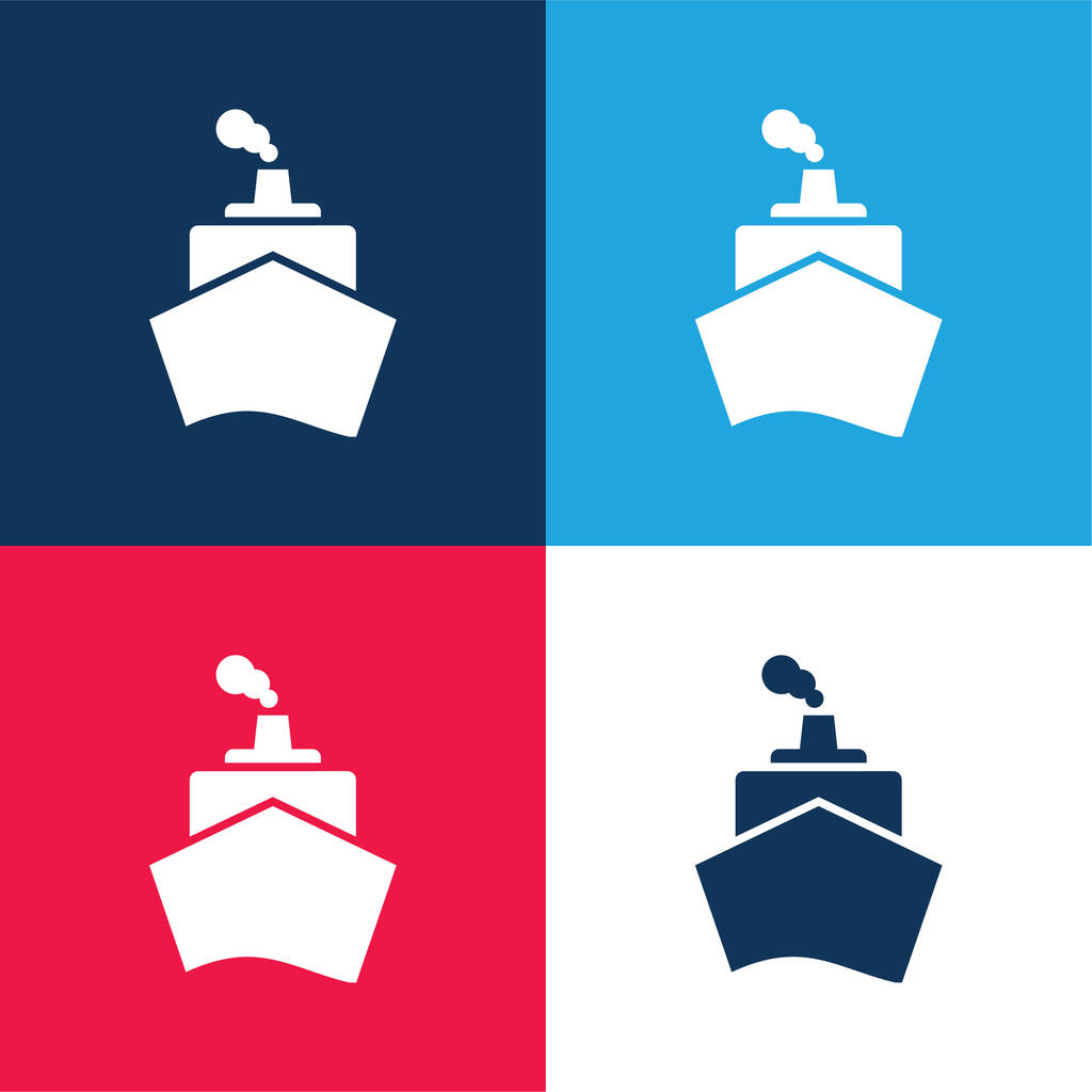 Barco de vista frontal azul e vermelho conjunto de ícones mínimos de quatro cores - Vetor, Imagem