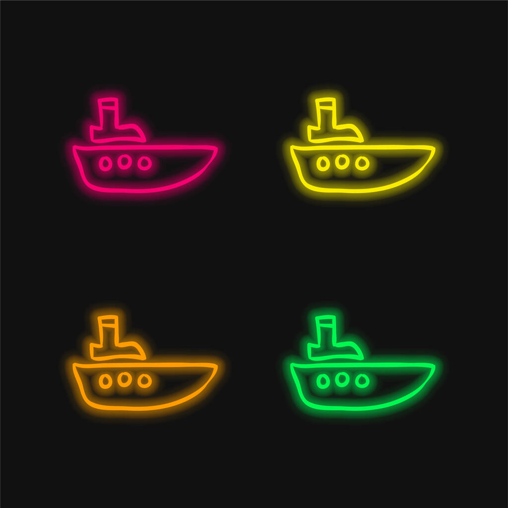Barco dibujado a mano contorno de cuatro colores brillante icono de vectores de neón - Vector, imagen