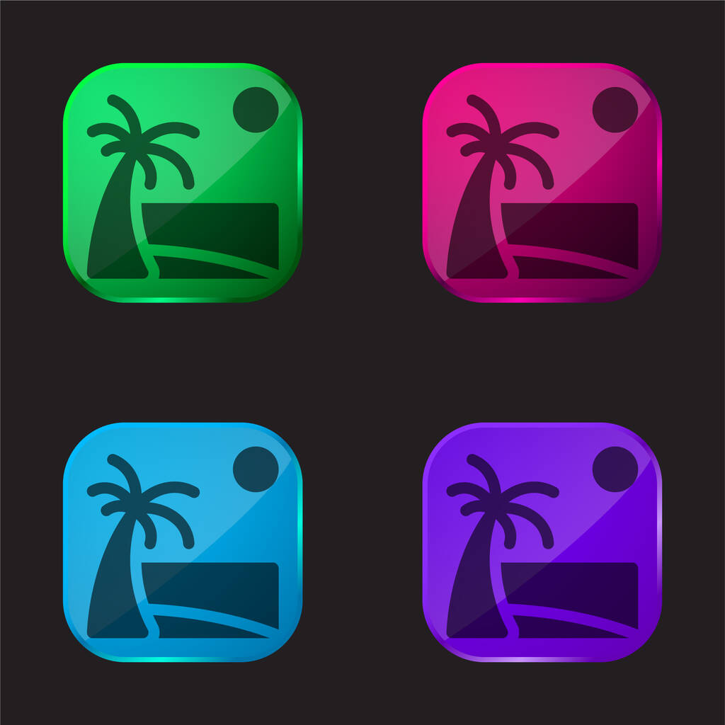Playa icono de botón de cristal de cuatro colores - Vector, Imagen