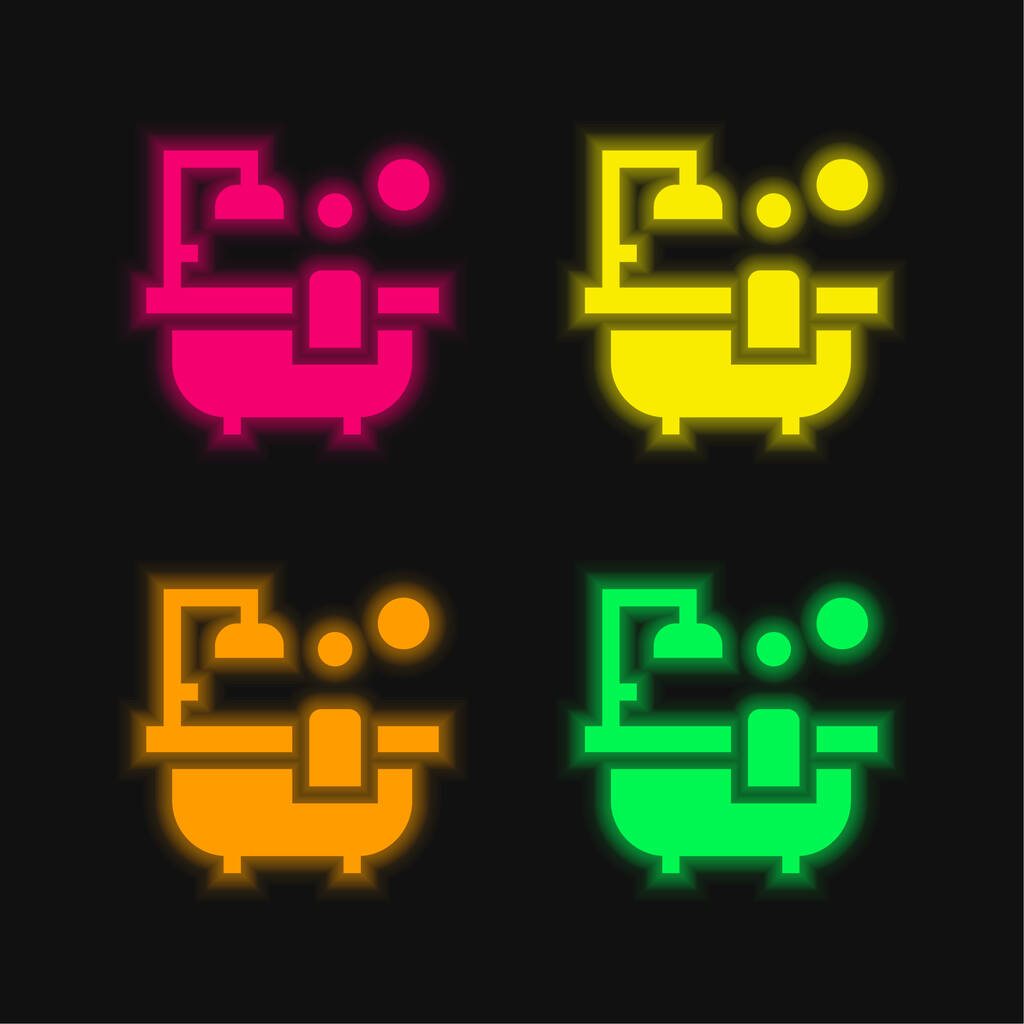 Fürdőkád négy színű izzó neon vektor ikon - Vektor, kép