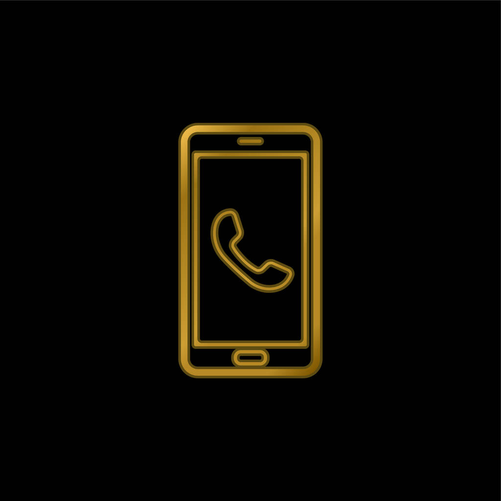 Auricular On Phone Screen gold plated metalic icon or logo vector - Vector, Image