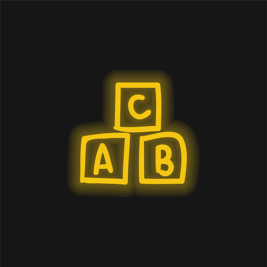 ABCハンドドローおもちゃキューブ黄色の輝くネオンアイコン - ベクター画像
