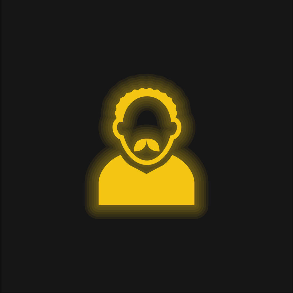 Erwachsener Mann Avatar mit kurzen lockigen Haaren und Schnurrbart gelb leuchtende Neon-Symbol - Vektor, Bild