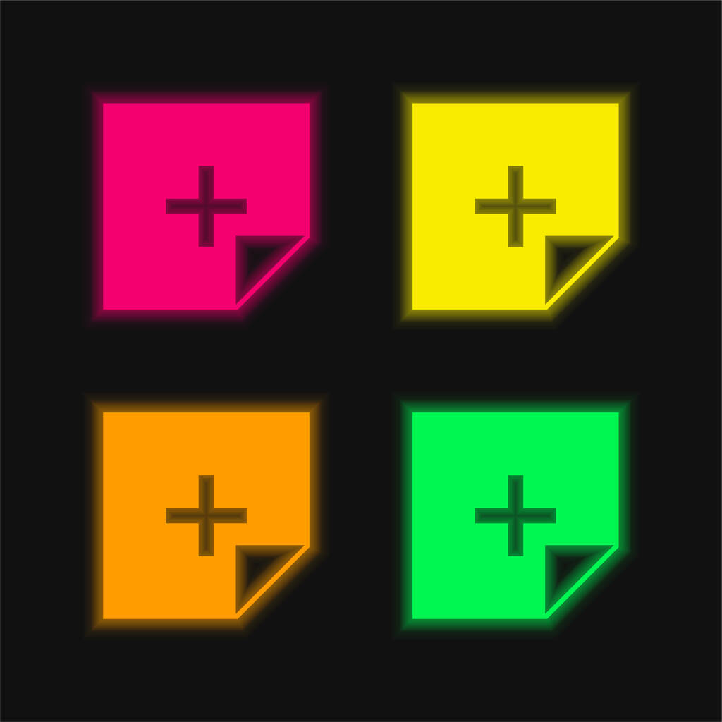 Knop toevoegen vier kleuren gloeiende neon vector pictogram - Vector, afbeelding