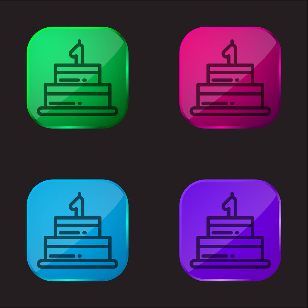 Bolo de aniversário ícone de botão de vidro de quatro cores - Vetor, Imagem