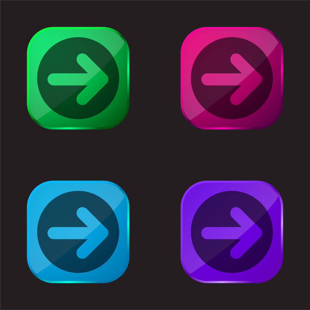 Flèche pointant à droite dans un cercle quatre icône de bouton en verre de couleur - Vecteur, image