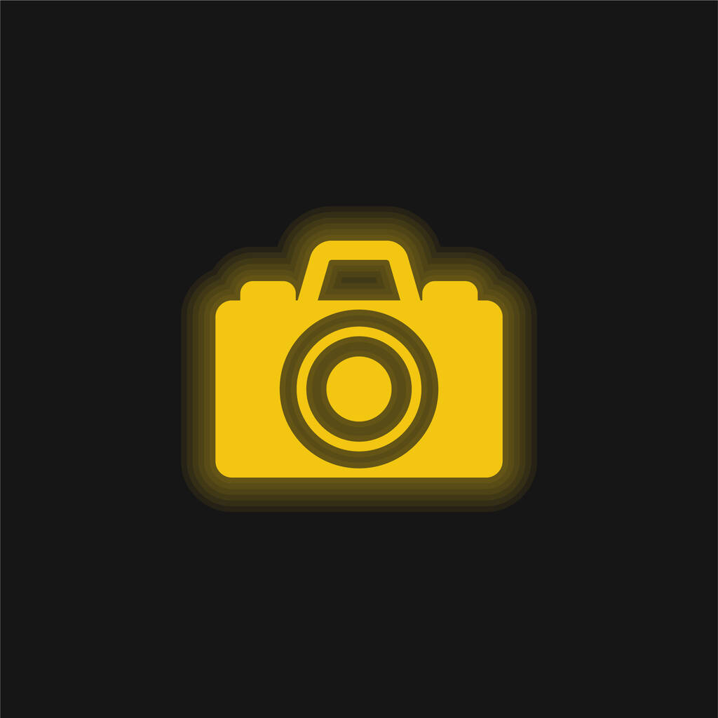 Fekete kamera sárga izzó neon ikon - Vektor, kép