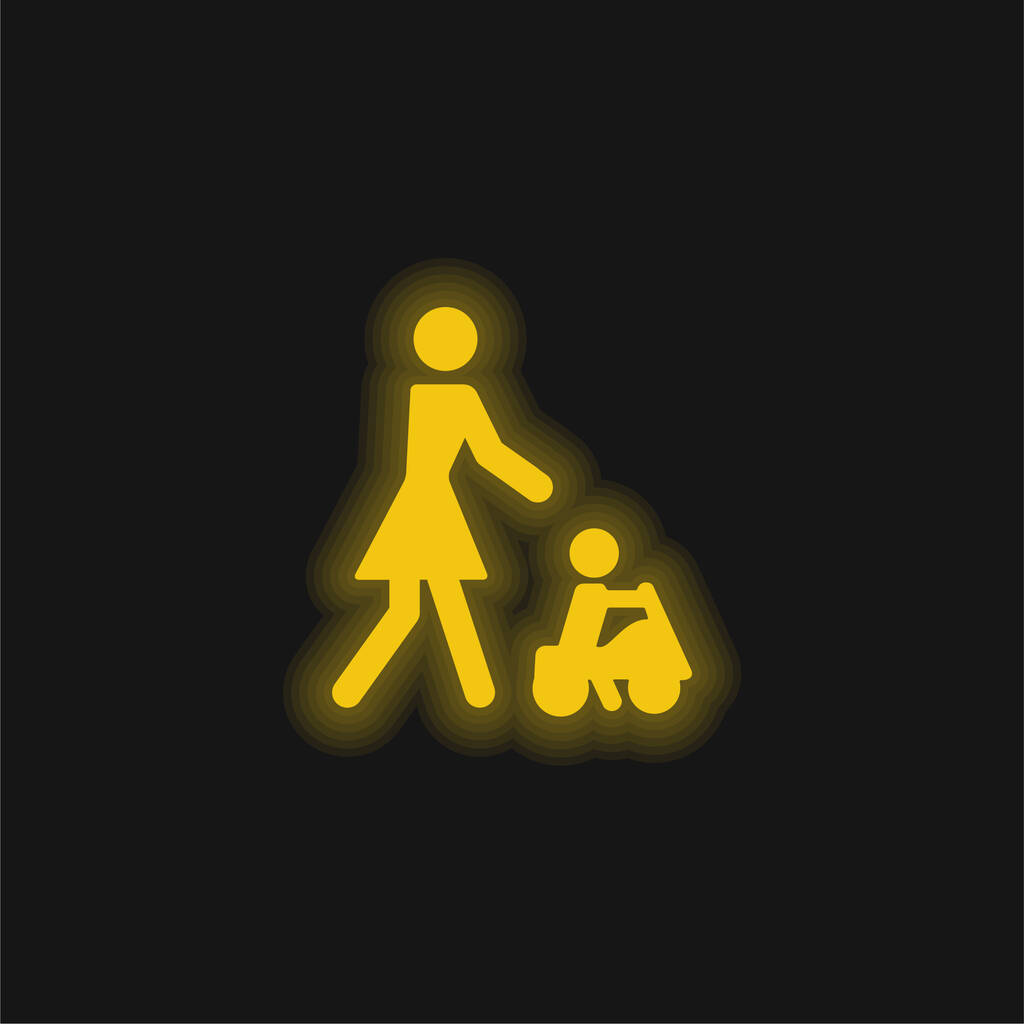 赤ちゃんは彼の母親とおもちゃの車で遊ぶ黄色の輝くネオンアイコン - ベクター画像