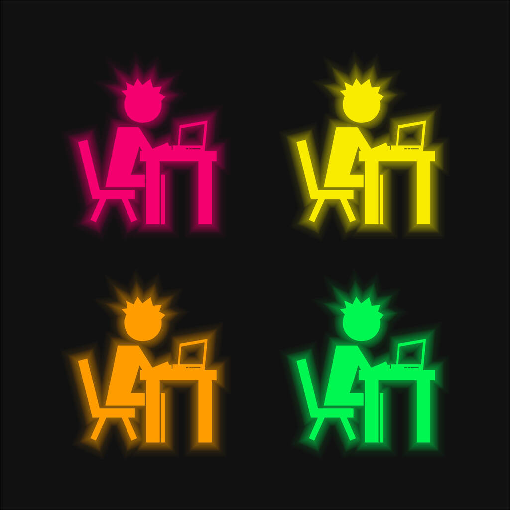 Garçon sur ordinateur quatre couleur brillant icône vectorielle néon - Vecteur, image