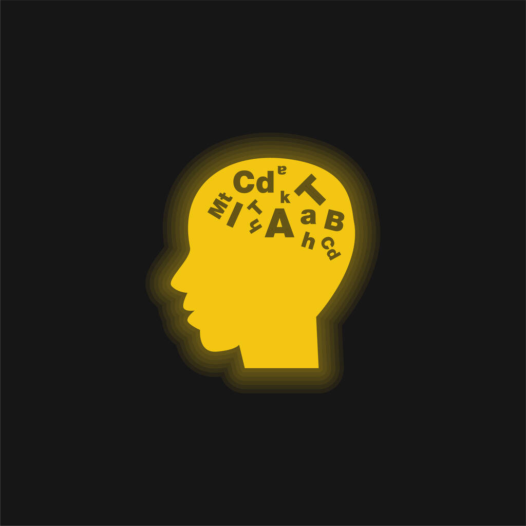 Calvo macho cabeza lado vista con letras dentro amarillo brillante neón icono - Vector, Imagen