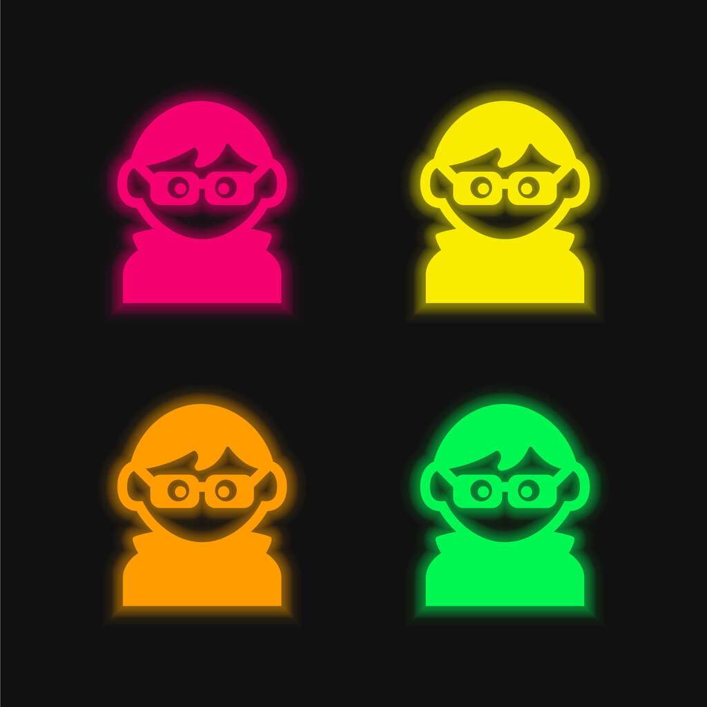 Ragazzo con occhiali, vestiti scuri e capelli icona vettoriale al neon incandescente a quattro colori - Vettoriali, immagini