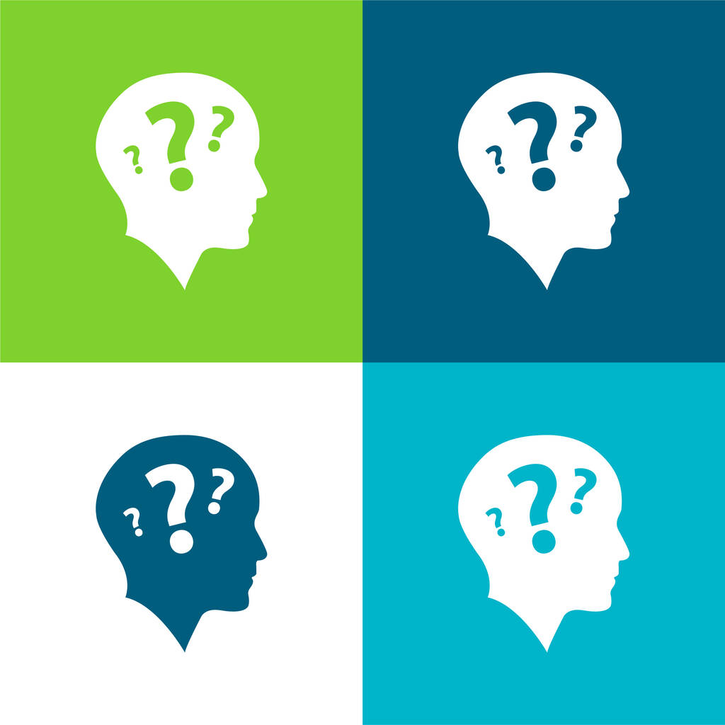 Bald Head Side View With Three Question Marks Flat four color minimal icon set - Vector, Image