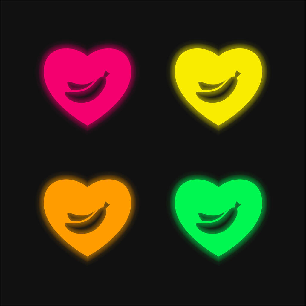Banana amante símbolo de plátanos dentro de un corazón de cuatro colores brillante icono de vectores de neón - Vector, imagen