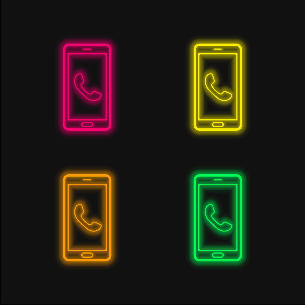 Auricular On Phone Screen four color glowing neon vector icon - Vector, Image