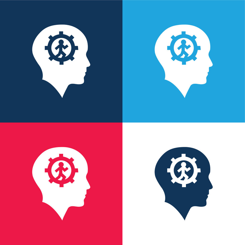 Лысая голова с передачей и бегущий человек внутри синий и красный четыре цвета минимальный набор значков - Вектор,изображение