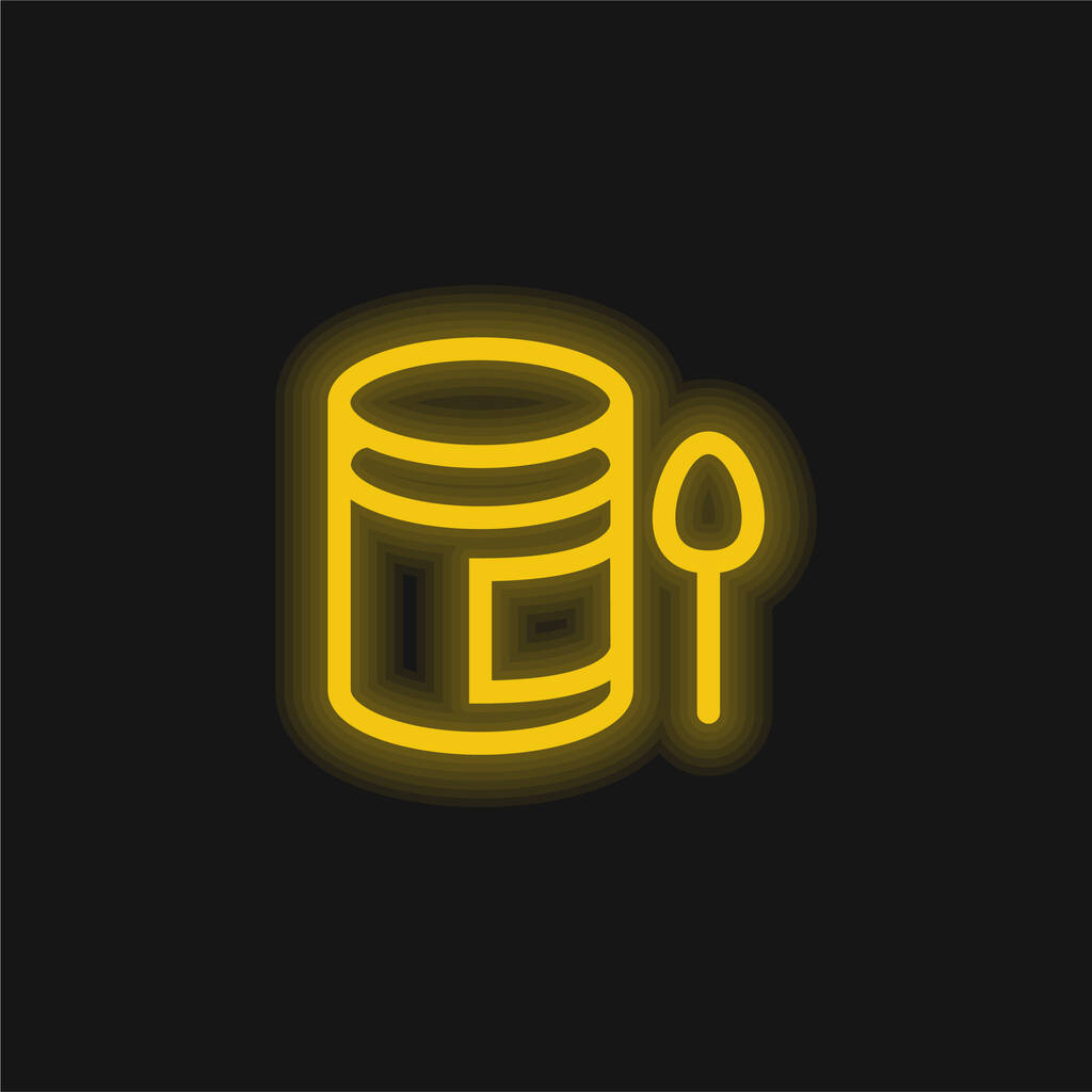 Baby Puree Pot En Een Lepel geel gloeiende neon pictogram - Vector, afbeelding