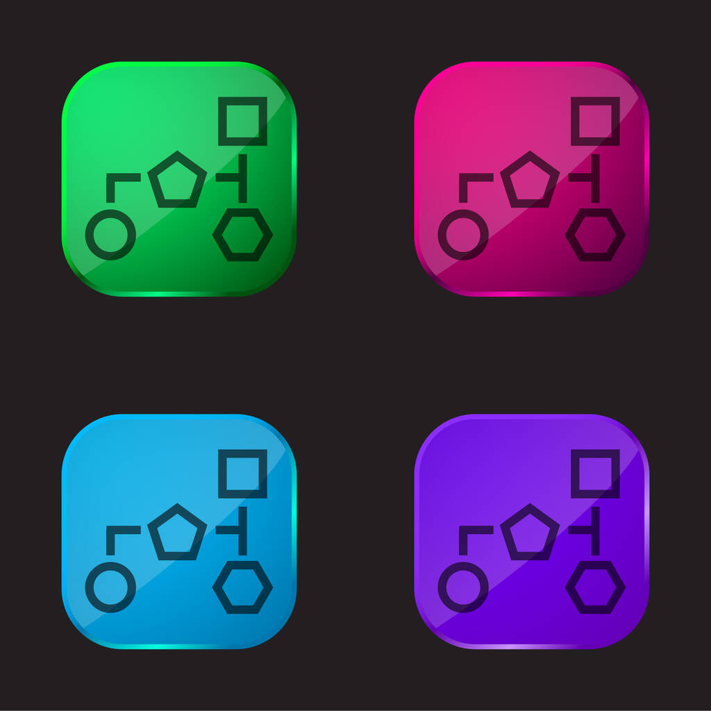 Blockschemata mit geometrischen Grundformen Umrisse von vier farbigen Glasknopfsymbolen - Vektor, Bild