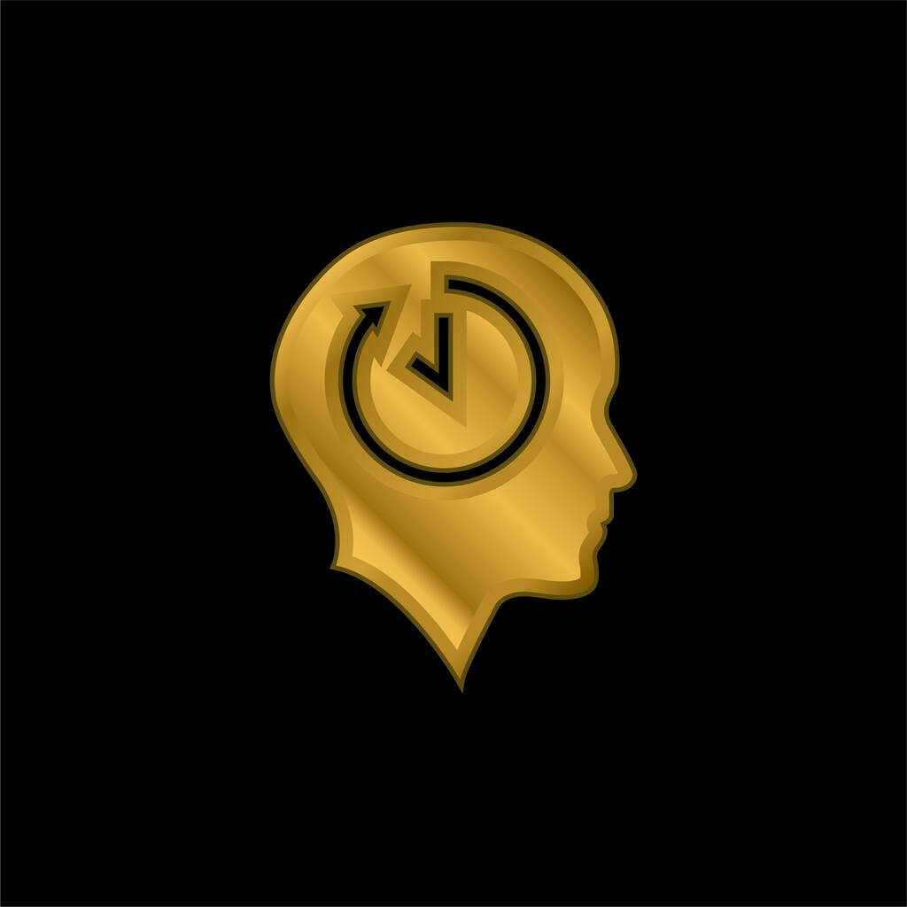 Cabeça careca com símbolo de tempo dentro do ícone metálico banhado a ouro ou vetor de logotipo - Vetor, Imagem