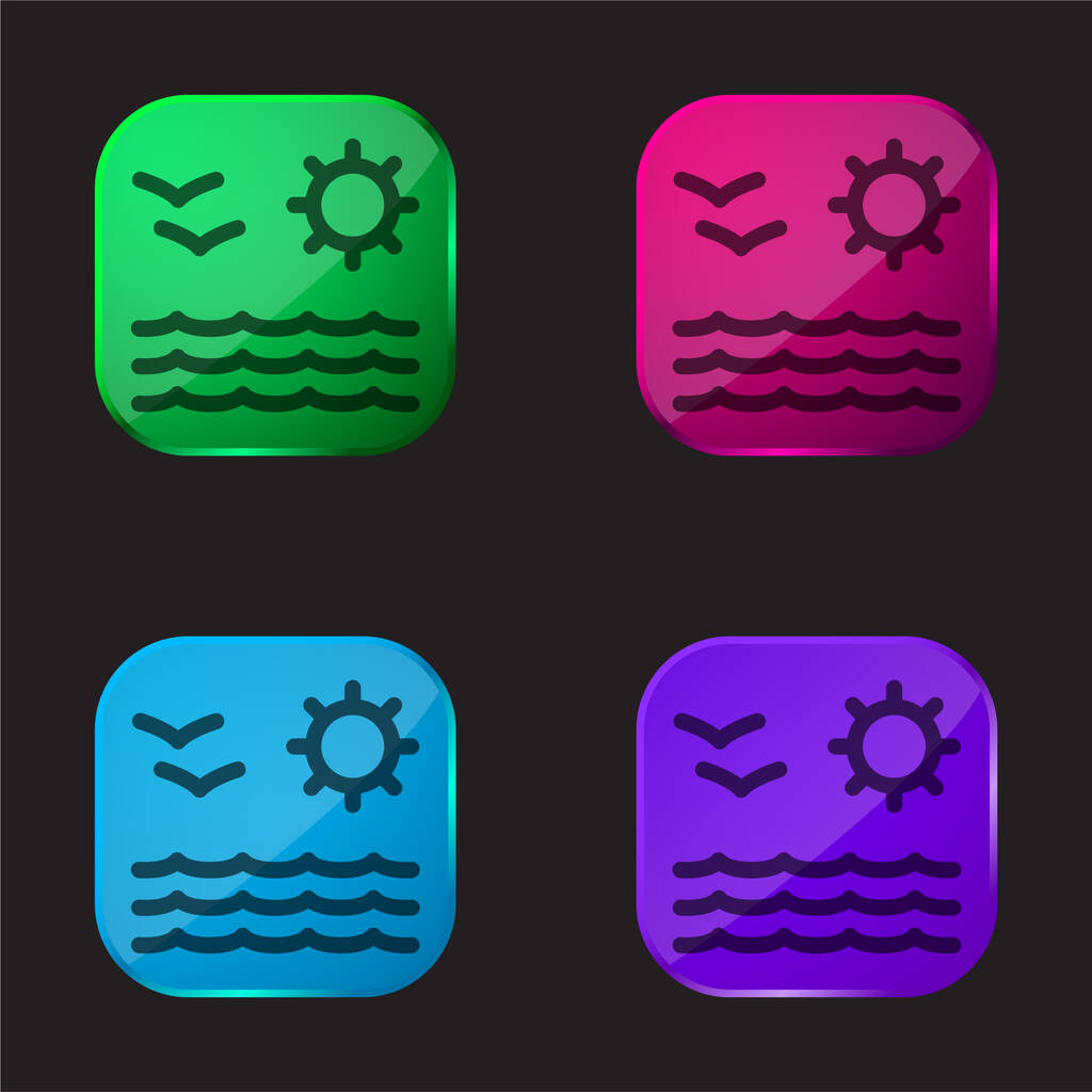 Widok na morze słońce i mewy Para czterech kolorów szklany przycisk ikona - Wektor, obraz