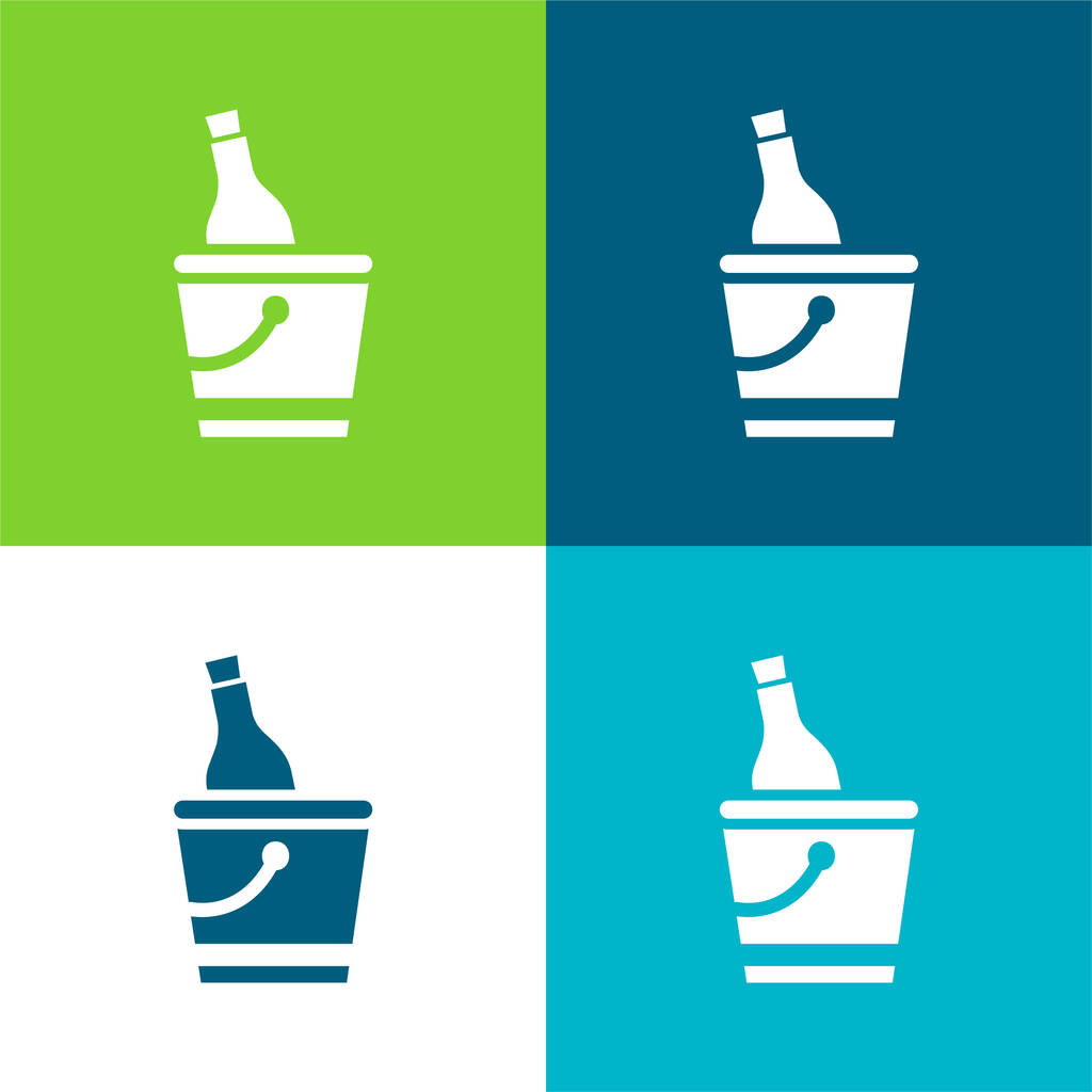 Bottle And Ice Bucket Flat four color minimal icon set - Vector, Image