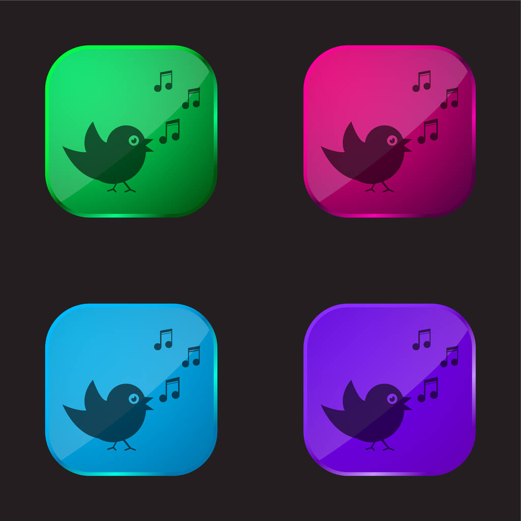 Vogelgesang mit musikalischen Notizen vier farbige Glasknopf-Symbol - Vektor, Bild