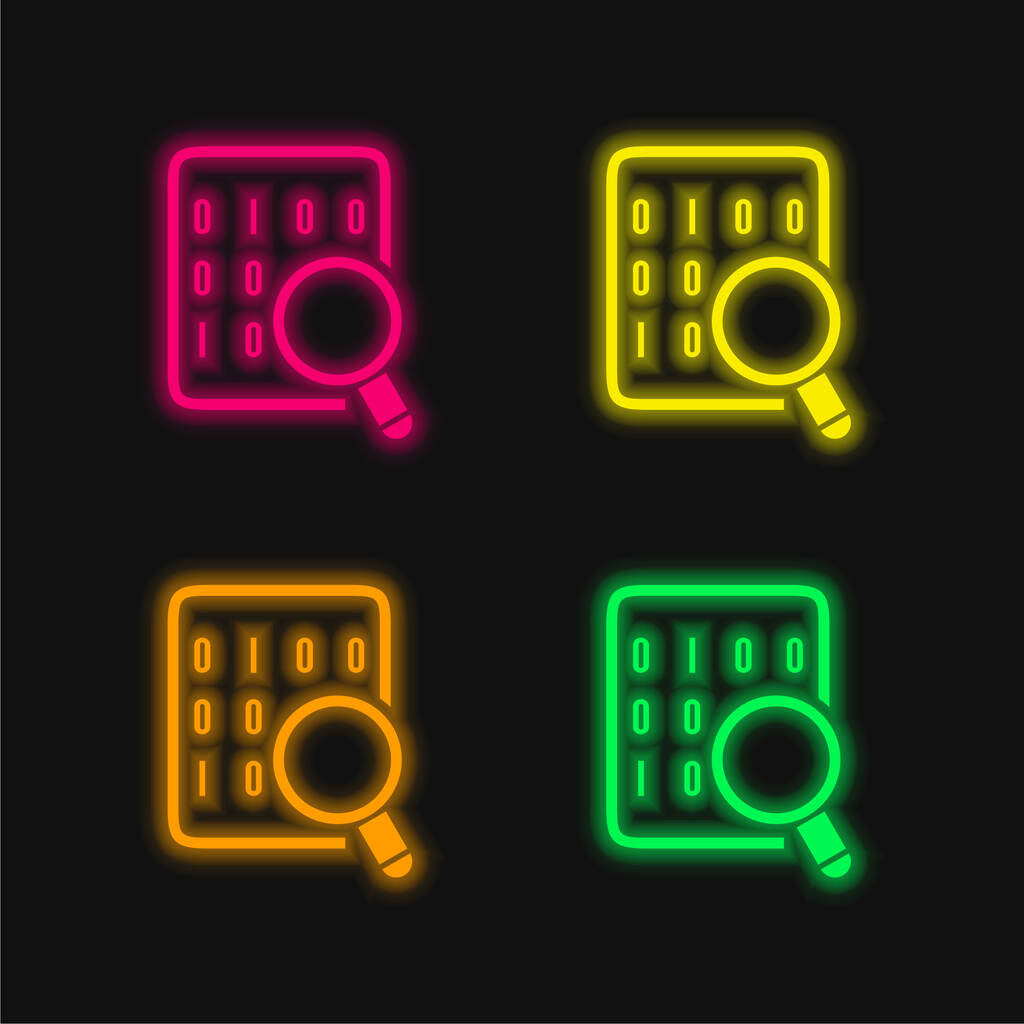 Binary Codes op gegevensblad met vergrootglas vier kleuren gloeiende neon vector icoon - Vector, afbeelding
