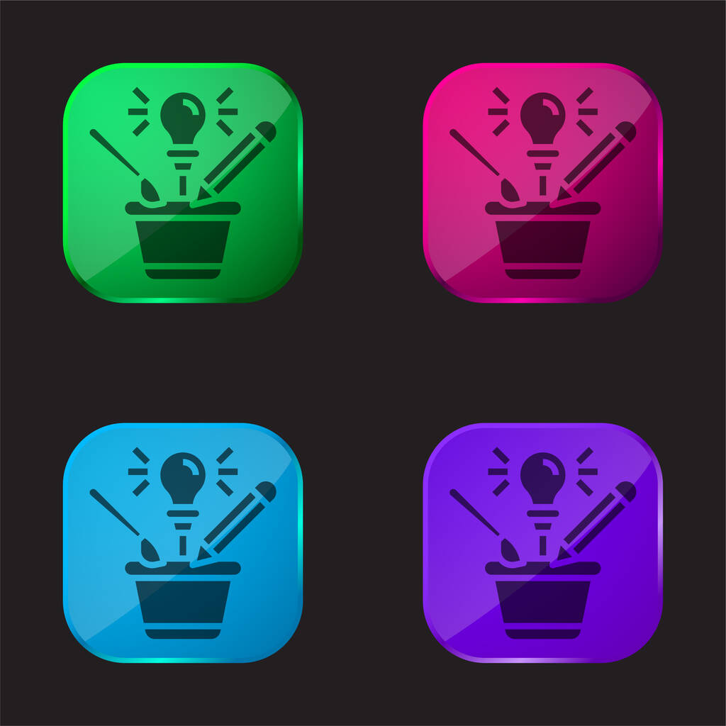 Brainstorm four color glass button icon - Vector, Image