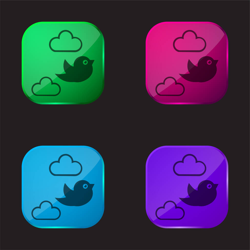 Vogel fliegt zwischen Wolken vier farbige Glasknopf-Symbol - Vektor, Bild